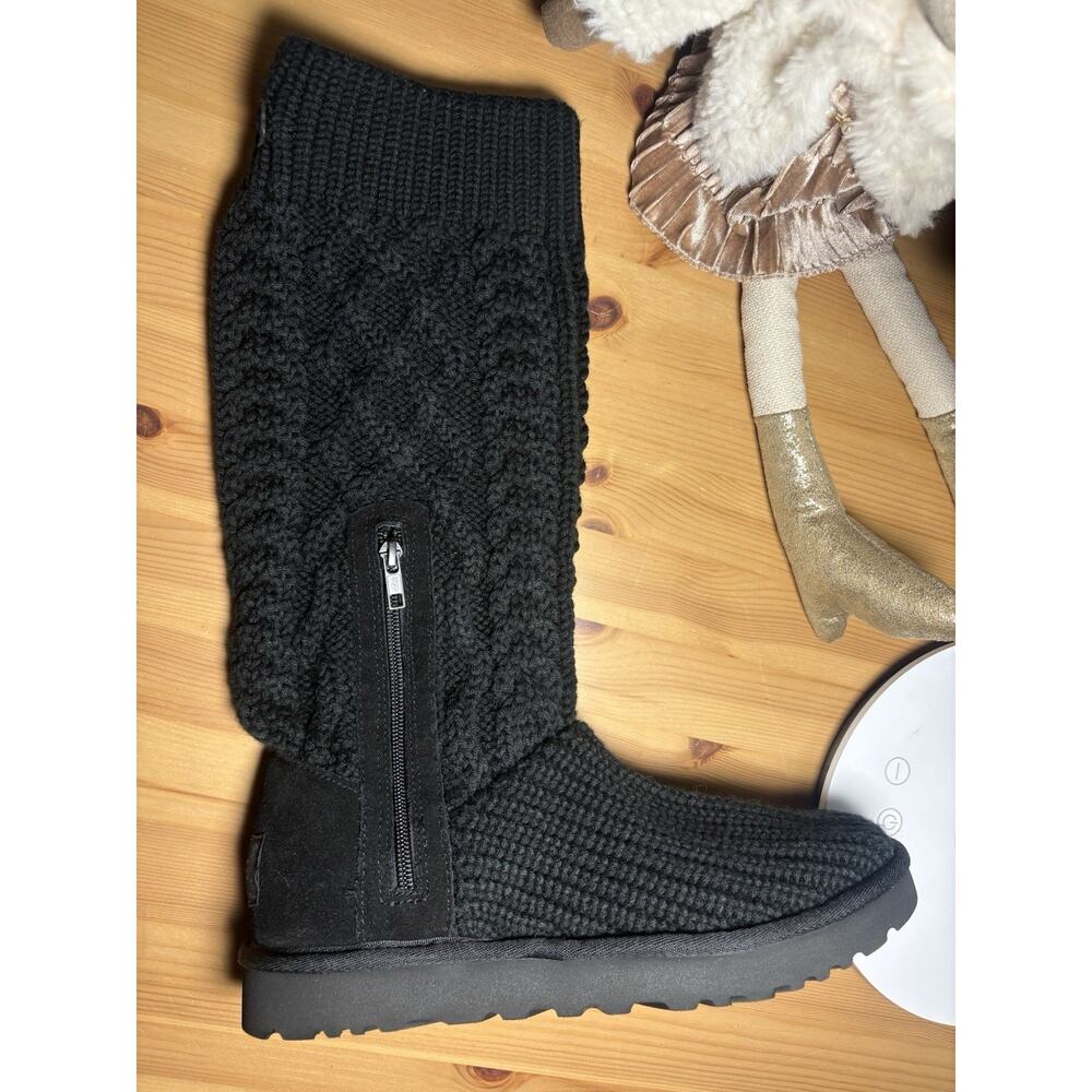 New UGG Classic Cardy Womens Black Knit Knee High Zip Boots Button Faux Fur 9 - Picture 3 of 10